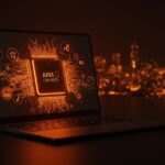 Procesador ARM Cortex X925 en laptop futurista destacando rendimiento y avance en IA para computación de borde y desktop.