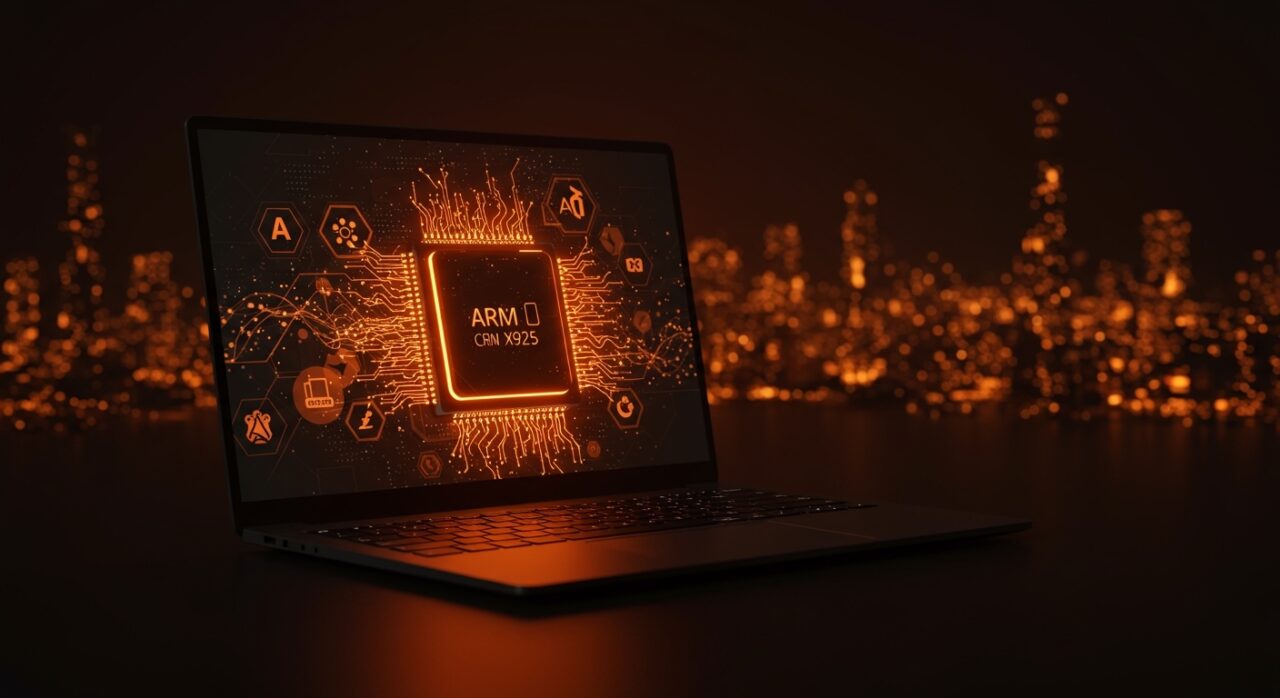 Procesador ARM Cortex X925 en laptop futurista destacando rendimiento y avance en IA para computación de borde y desktop.