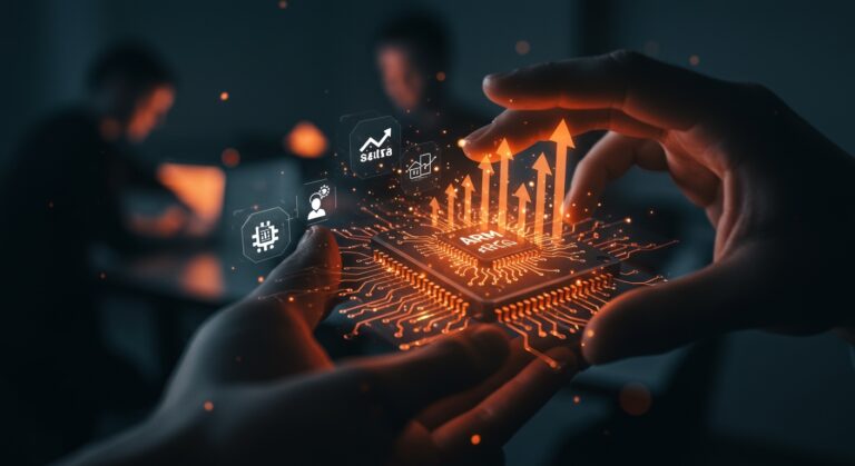 Primer chip propio de Arm ilustrado con innovación en hardware e inteligencia artificial para el ecosistema startup.