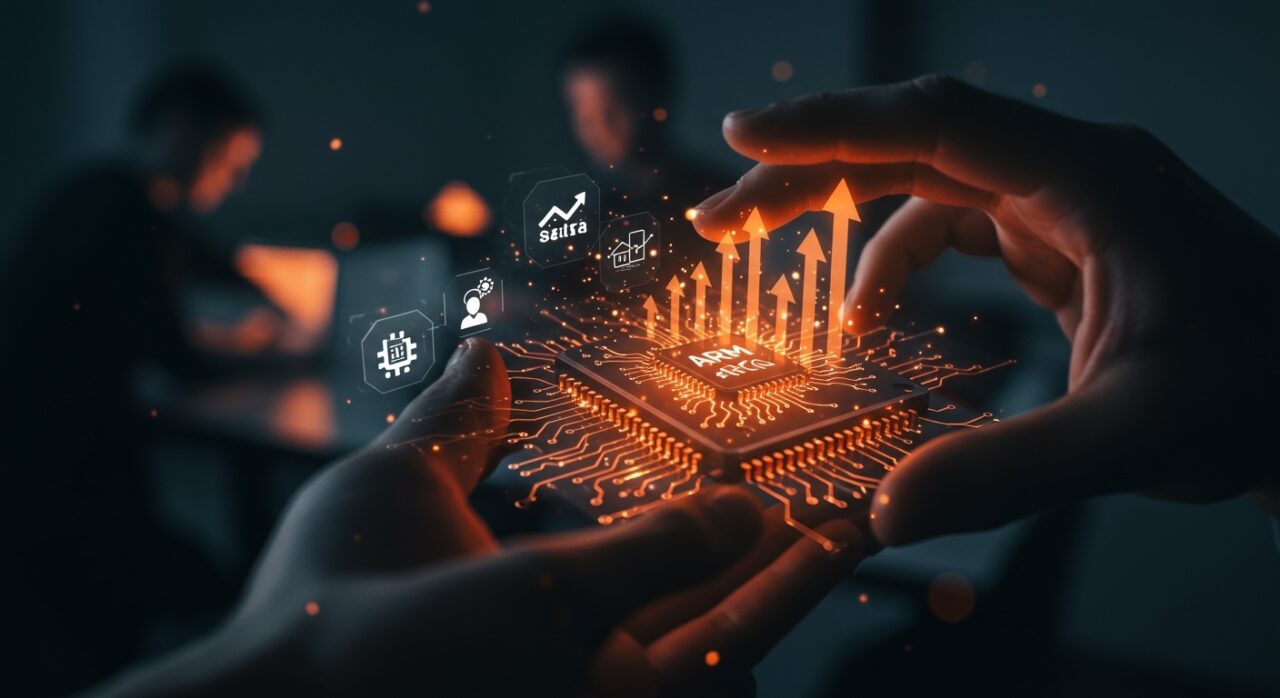 Primer chip propio de Arm ilustrado con innovación en hardware e inteligencia artificial para el ecosistema startup.