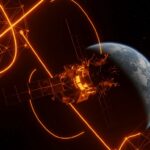 Nave Artemis II de la NASA en órbita lunar destacada en colores naranja y negro, simbolizando la misión tripulada a la Luna en 2026.