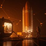 Misión lunar Artemis II de la NASA con tripulación en cuarentena y cohete SLS preparado para exploración espacial.