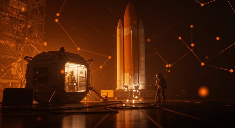 Misión lunar Artemis II de la NASA con tripulación en cuarentena y cohete SLS preparado para exploración espacial.