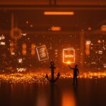 Visualización conceptual de arXiv independizándose de Cornell, simbolizando impacto en ciencia abierta y ecosistema startup con paleta naranja y negro.