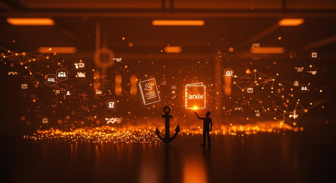 Visualización conceptual de arXiv independizándose de Cornell, simbolizando impacto en ciencia abierta y ecosistema startup con paleta naranja y negro.