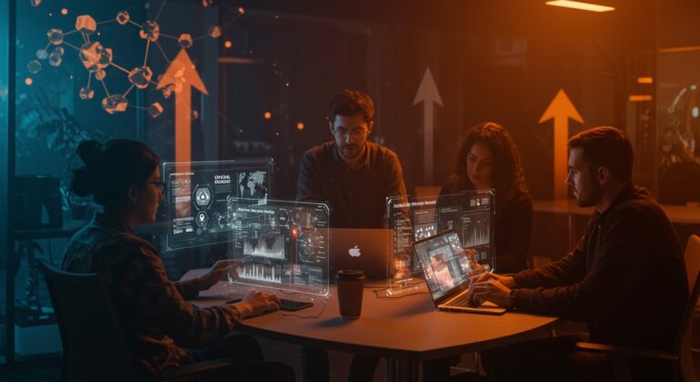 Fundadores tech colaborando en proyectos innovadores destacados como SocialProof e inteligencia artificial en la comunidad tecnológica de startups.