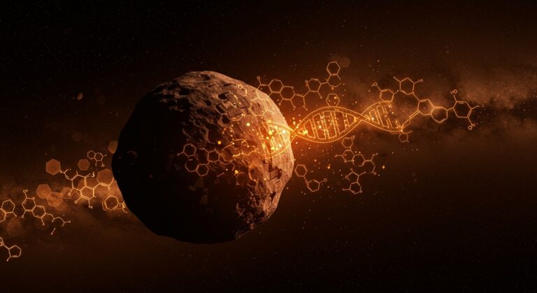 Asteroide Ryugu con bloques y nucleobases de ADN y ARN, representando descubrimientos clave para el origen de la vida y la exploración espacial.