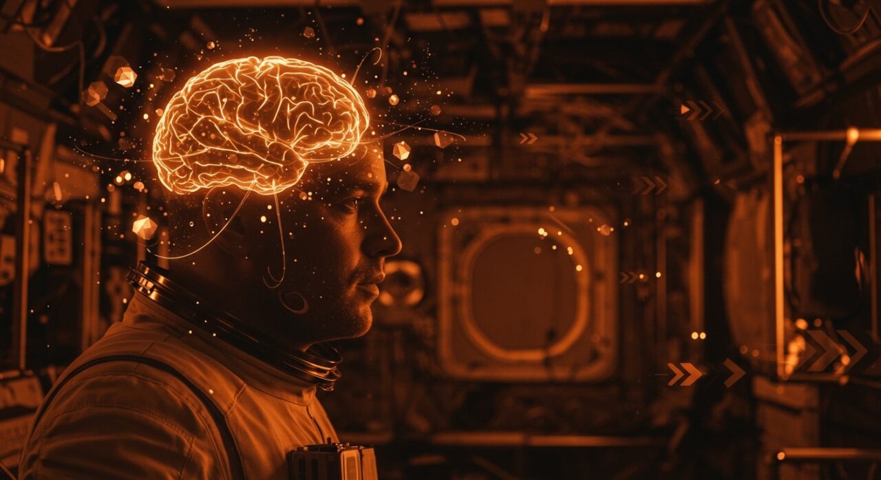 Astronauta en la Estación Espacial Internacional con expresión silenciosa representando pérdida del habla y desafíos de salud en la exploración espacial de la NASA.