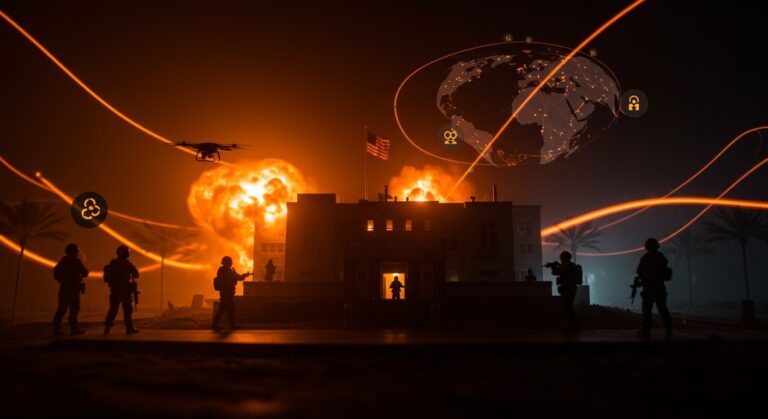 Ataque con dron a la embajada estadounidense en Arabia Saudita representando riesgos geopolíticos y seguridad internacional en Medio Oriente.