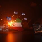 Impacto del ataque militar USA-Israel en Irán y su efecto en mercados globales y startups tecnológicas, con representaciones visuales de conflicto y cadenas de suministro.