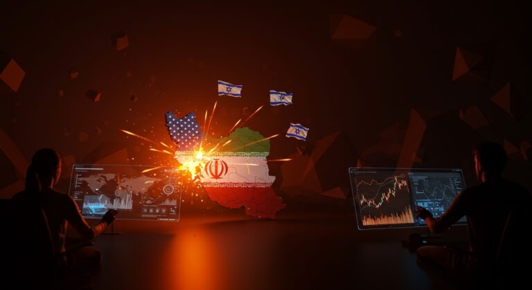 Impacto del ataque militar USA-Israel en Irán y su efecto en mercados globales y startups tecnológicas, con representaciones visuales de conflicto y cadenas de suministro.