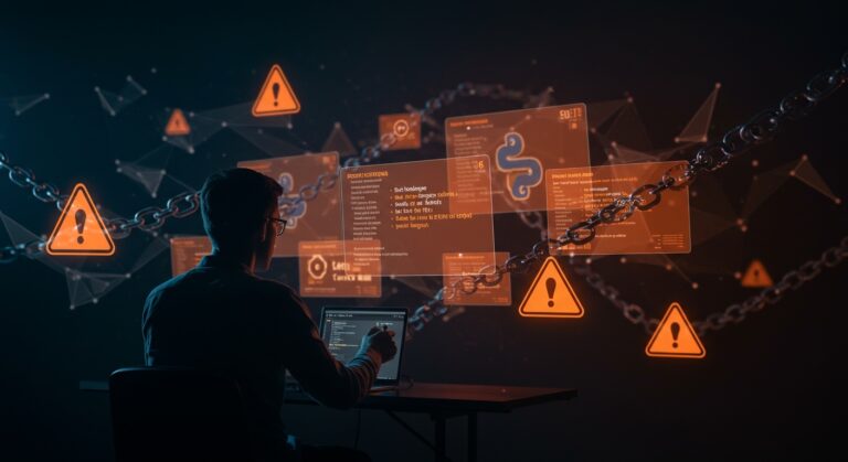 Programador supervisando alertas de seguridad en la cadena de suministro de PyPI, simbolizando ataques informáticos y protección de credenciales en startups.