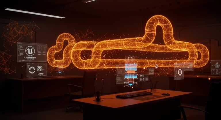 Pipeline de IA para videojuegos acelerando la generación de assets 3D con integración de Unreal, Unity y Houdini en tecnología innovadora.