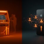 Comparación visual entre ATM y iPhone mostrando impacto de automatización y empleo en la banca móvil y la inteligencia artificial.