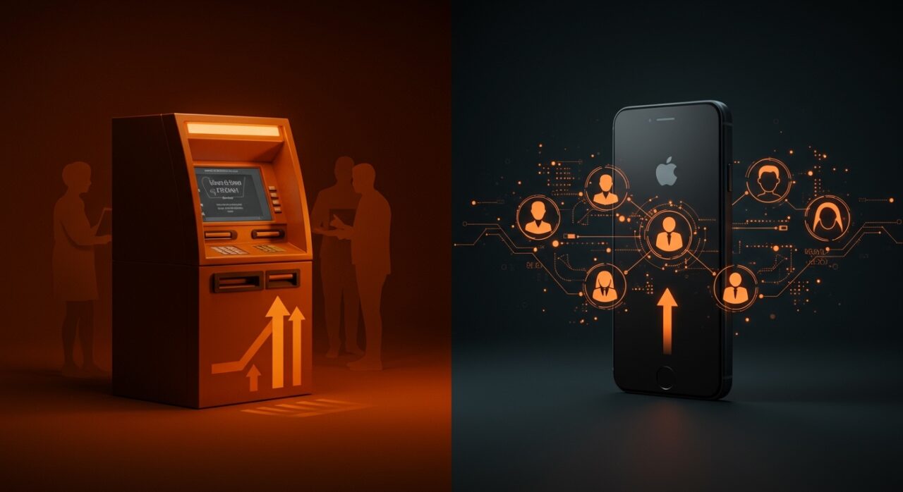 Comparación visual entre ATM y iPhone mostrando impacto de automatización y empleo en la banca móvil y la inteligencia artificial.