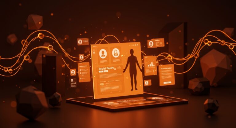 Interfaz digital futurista de IA para controlar feeds sociales personalizados con tecnología de Bluesky y Attie.