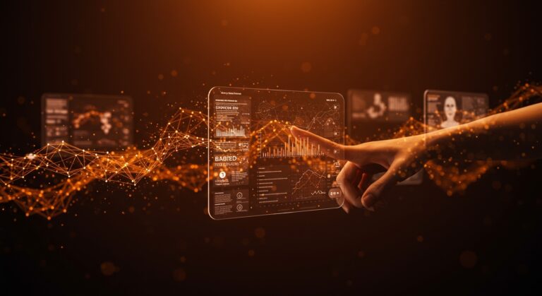 Founder usando IA de Bluesky para personalización de feeds en startups tech LATAM con interfaz digital innovadora.