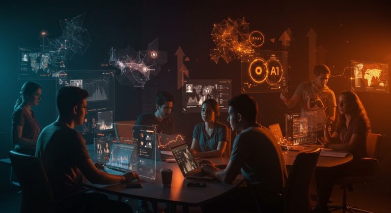 Equipo startup latinoamericano utilizando inteligencia artificial para crear feeds personalizados y aumentar engagement con IA aplicada.