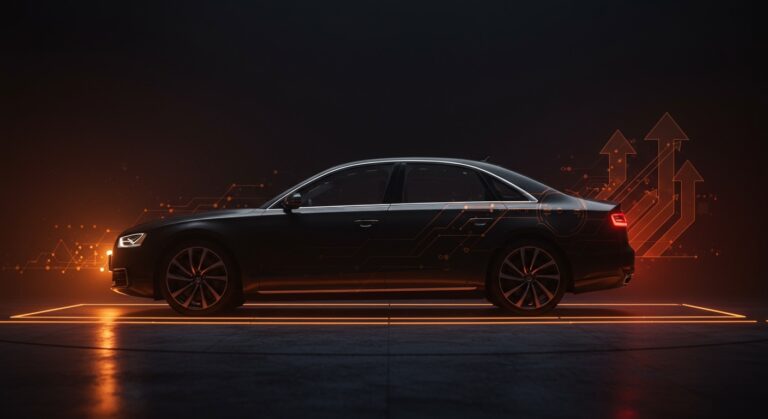 Audi A8 en un showroom futurista representando el fin de una era en berlinas de lujo y la transición hacia la movilidad eléctrica en el mercado automotriz premium.