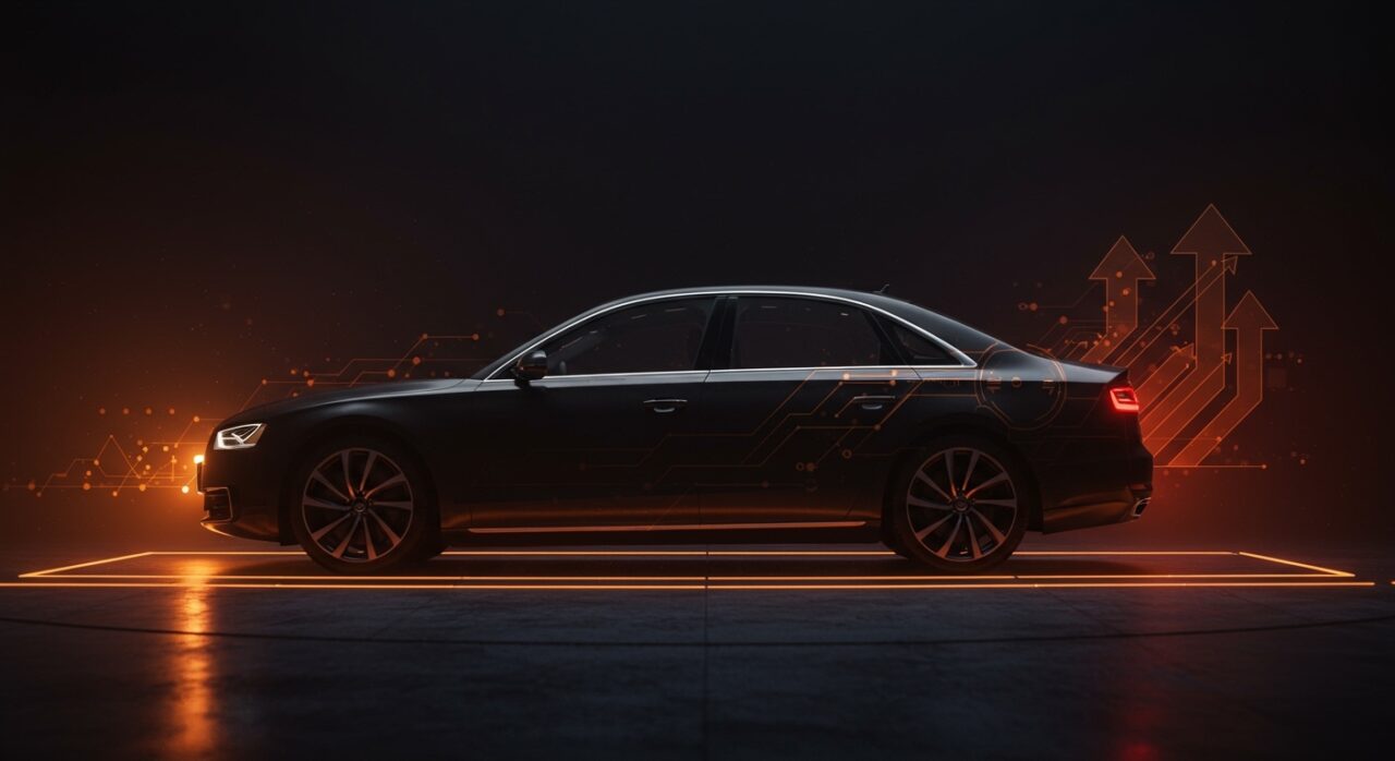 Audi A8 en un showroom futurista representando el fin de una era en berlinas de lujo y la transición hacia la movilidad eléctrica en el mercado automotriz premium.