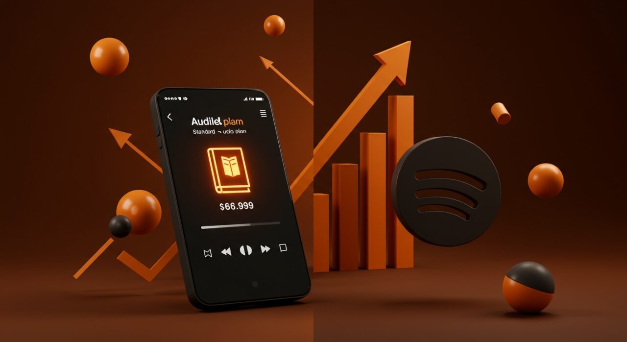 Representación visual de Audible lanzando plan estándar económico desafiando a Spotify en el mercado digital de suscripciones y audiolibros.