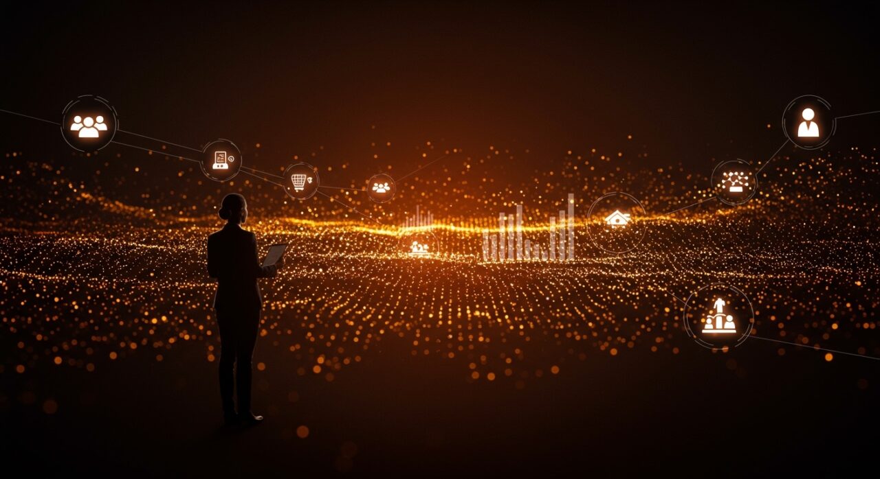 Líder observando redes de inteligencia artificial simbolizando el auge de la IA y el desafío de la desigualdad económica en startups.