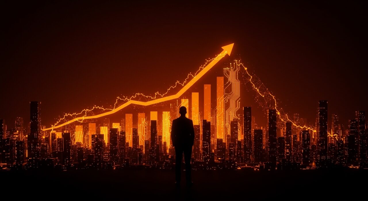 Ilustración de Larry Fink y la inteligencia artificial evidenciando el desafío de la desigualdad económica en el mercado tecnológico.