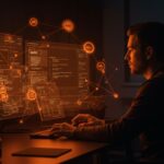 Automatización de integraciones API con OpenCode ilustrada con ingeniero de software en entorno digital avanzado y red de conexiones luminosas en tonos naranja y negro.