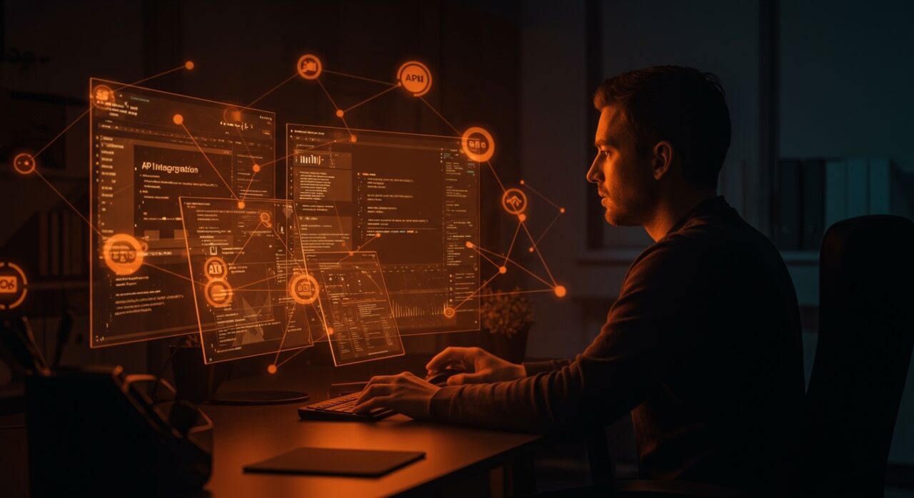 Automatización de integraciones API con OpenCode ilustrada con ingeniero de software en entorno digital avanzado y red de conexiones luminosas en tonos naranja y negro.