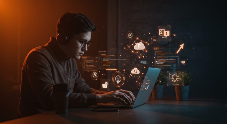 Fundador tech automatizando tareas recurrentes con IA utilizando Claude Code e infraestructura cloud, ilustración conceptual para startups.