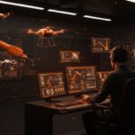 Automatización en la industria de defensa y aeroespacial representada con interfaces digitales, robótica avanzada y drones en un entorno futurista.