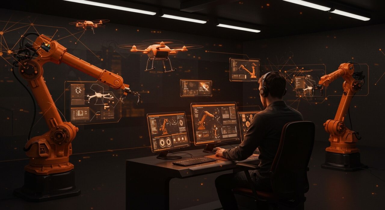 Automatización en la industria de defensa y aeroespacial representada con interfaces digitales, robótica avanzada y drones en un entorno futurista.