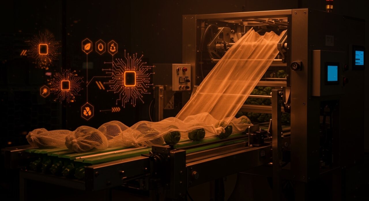 Automatización en envasado hortofrutícola con mallas compostables que resaltan sostenibilidad y eficiencia en mercados LATAM.