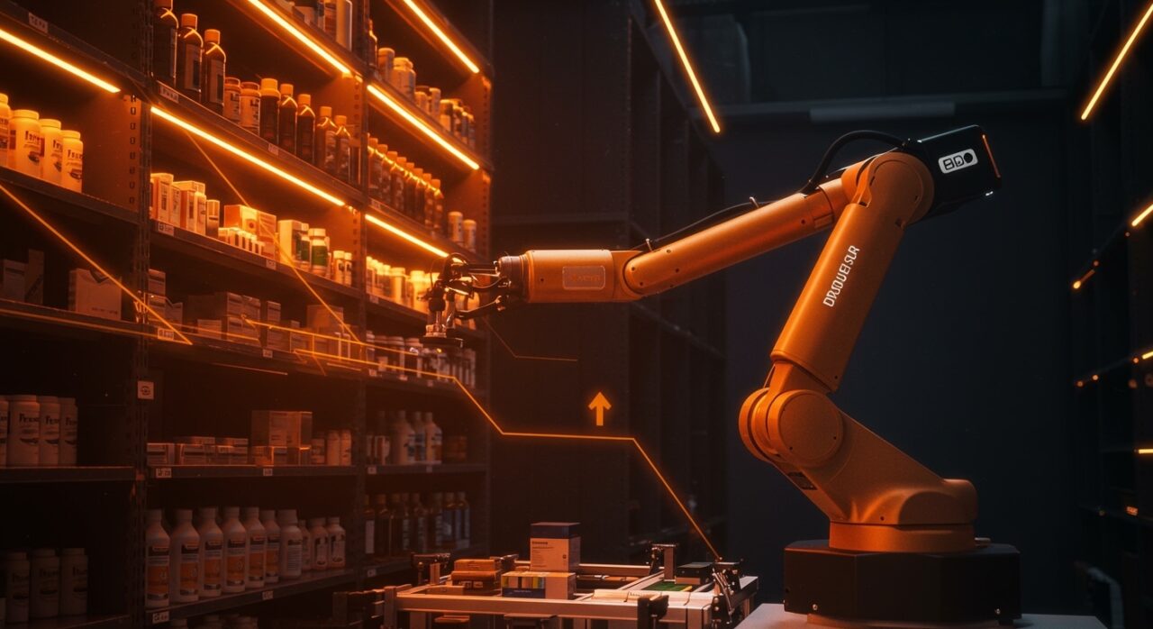 Robot BD Rowa automatizando la gestión farmacéutica en Droguería Sur, símbolo de eficiencia y transformación digital en LATAM.