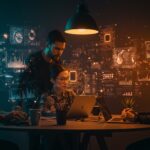 Automatización financiera en fintech LATAM mostrando startup fintech colaborando con hologramas digitales y simbolizando regulación e inteligencia artificial.