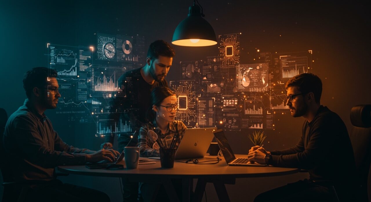 Automatización financiera en fintech LATAM mostrando startup fintech colaborando con hologramas digitales y simbolizando regulación e inteligencia artificial.