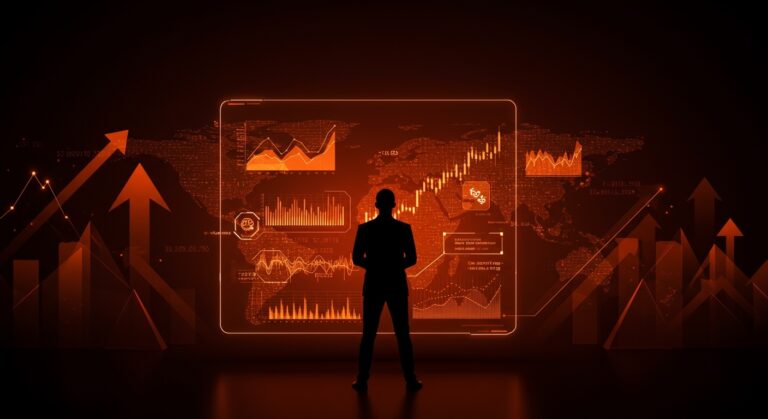 Automatización financiera en startups fintech LATAM representada con un fundador y datos digitales innovadores en paleta naranja y negro.