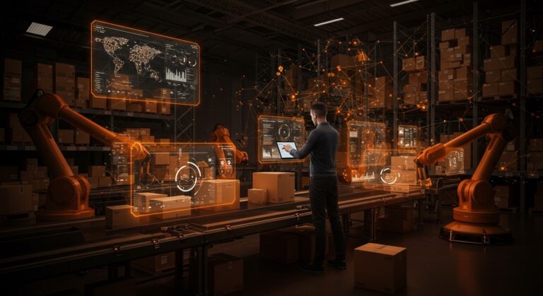 Automatización e inteligencia artificial en fulfillment de startups mostrando robots y análisis avanzado en ambiente logístico moderno.