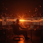 Ingeniero de software contemplando la complejidad técnica y deuda técnica causada por automatización e inteligencia artificial en equipos tech.