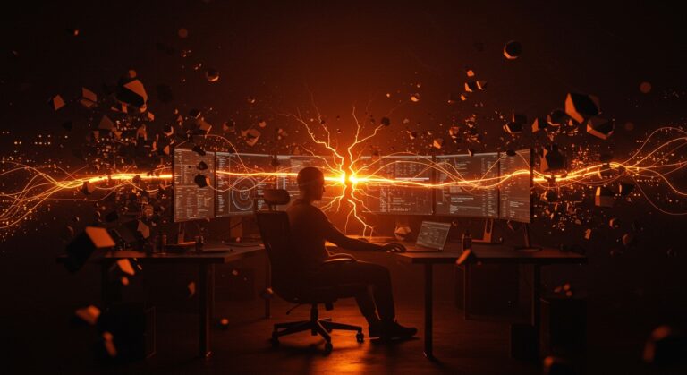 Ingeniero de software contemplando la complejidad técnica y deuda técnica causada por automatización e inteligencia artificial en equipos tech.