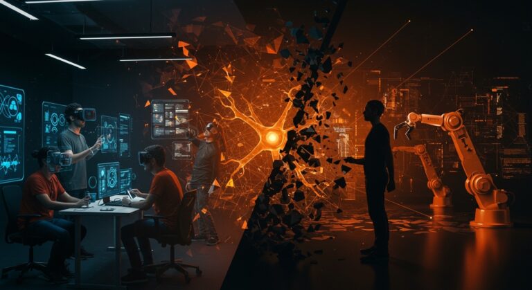 Visualización de la desigualdad laboral en startups LATAM causada por automatización e inteligencia artificial, destacando capacitación digital y regulación.