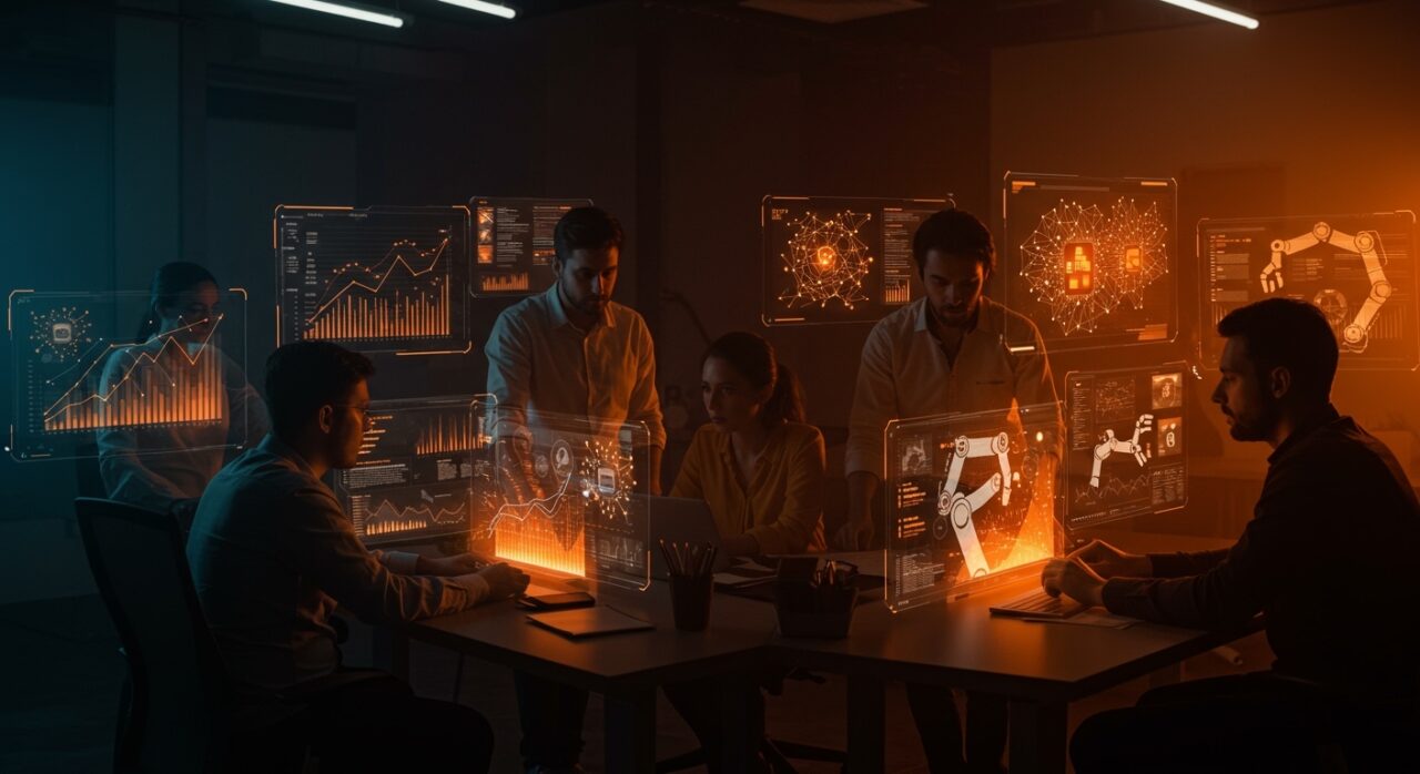 Colaboración en startups con inteligencia artificial y automatización mostrando el impacto en la desigualdad laboral y oportunidades inclusivas.