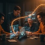 Automatización IA en MacOS para startups, mostrando equipo colaborando con interfaces holográficas y tecnología Claude Cowork de Anthropic.