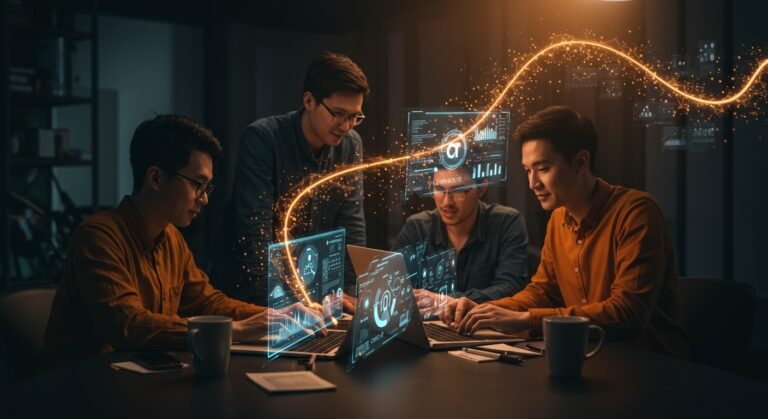 Automatización IA en MacOS para startups, mostrando equipo colaborando con interfaces holográficas y tecnología Claude Cowork de Anthropic.