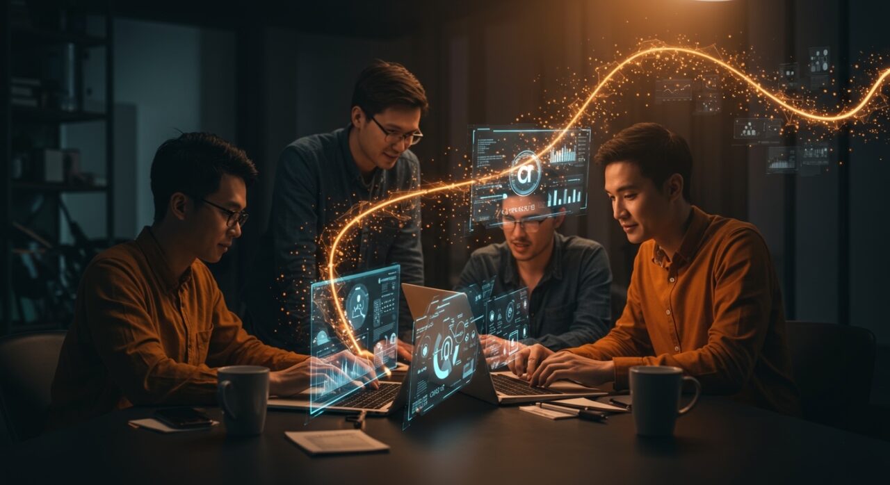 Automatización IA en MacOS para startups, mostrando equipo colaborando con interfaces holográficas y tecnología Claude Cowork de Anthropic.