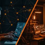 Comparativa visual de automatización tecnológica entre Latinoamérica y Asia con fundadores tech y metáforas visuales de la brecha tecnológica y mercado global.