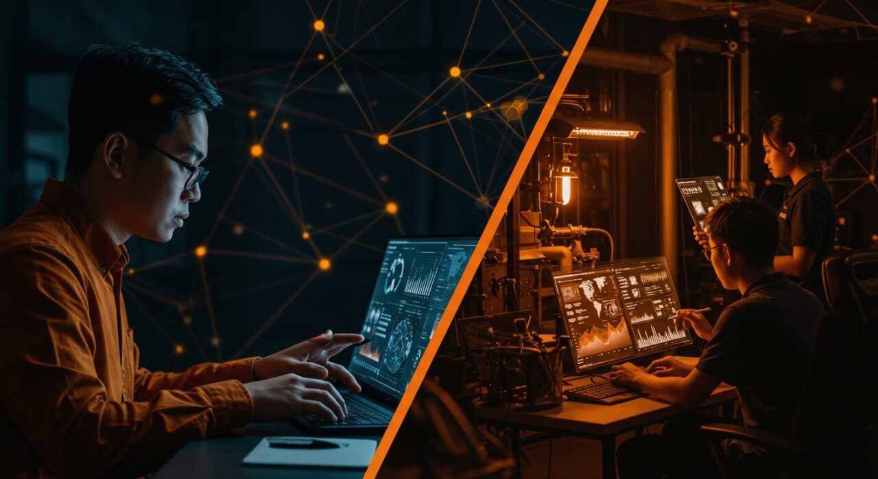 Comparativa visual de automatización tecnológica entre Latinoamérica y Asia con fundadores tech y metáforas visuales de la brecha tecnológica y mercado global.