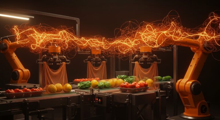 Línea de envasado hortofrutícola automatizada usando mallas compostables con integración de inteligencia artificial para sostenibilidad.