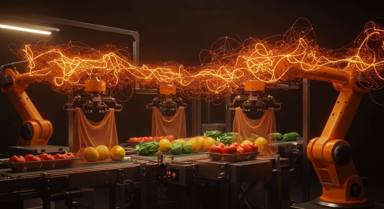 Línea de envasado hortofrutícola automatizada usando mallas compostables con integración de inteligencia artificial para sostenibilidad.