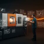 Emprendedor pyme interactuando con tecnología avanzada de moldeo y automatización Yizumi en manufactura inteligente con IA en México.